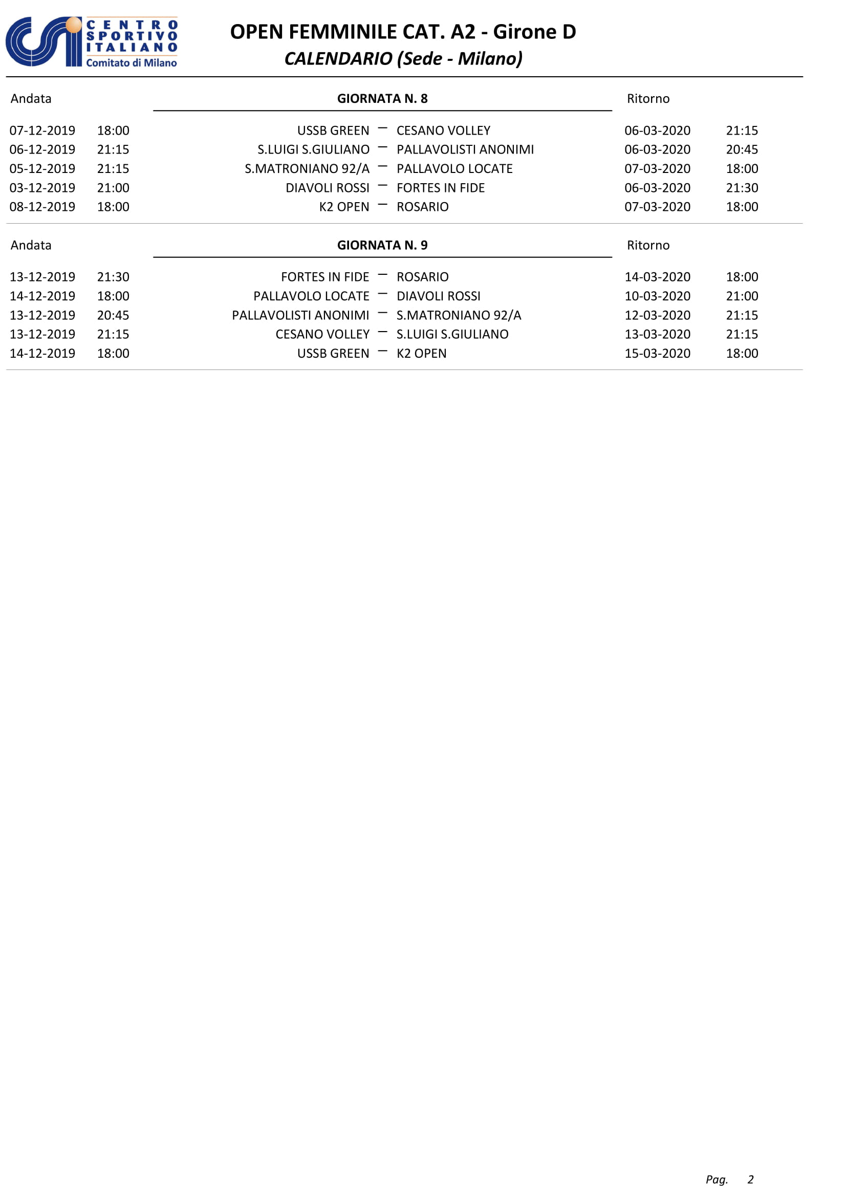Calendario partite Allieve